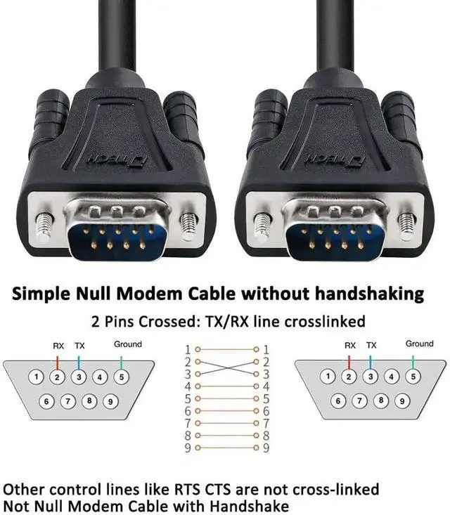 Alt view image 4 of 7 - DTech 6ft DB9 to DB9 RS232 Serial Cable Male to Male Simple Null Modem Cord Cross TX RX line 2 Pin Crossed Without Handshake for Computer Data Communication (6 Feet, Black)