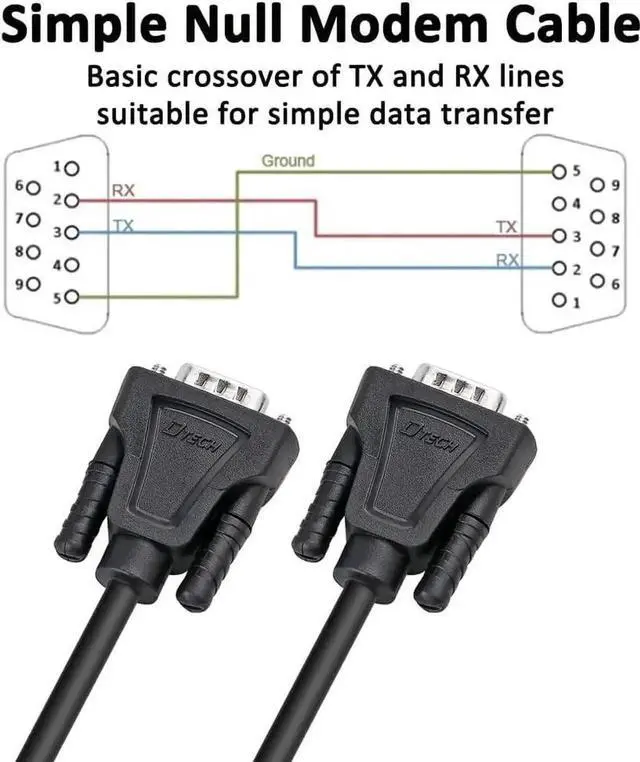 Alt view image 3 of 7 - DTech 10ft DB9 to DB9 RS232 Serial Cable Male to Male Simple Null Modem Cord Cross TX RX line 2 Pin Crossed Without Handshake for Computer Data Communication (10 Feet, Black)