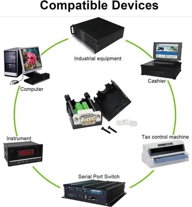Alt view image 6 of 7 - DTech DB9 Breakout Connector, Male RS232 Serial Adapter, Solderless Module Board with Screw Terminals, Case, Long Bolts, Tail Pipes