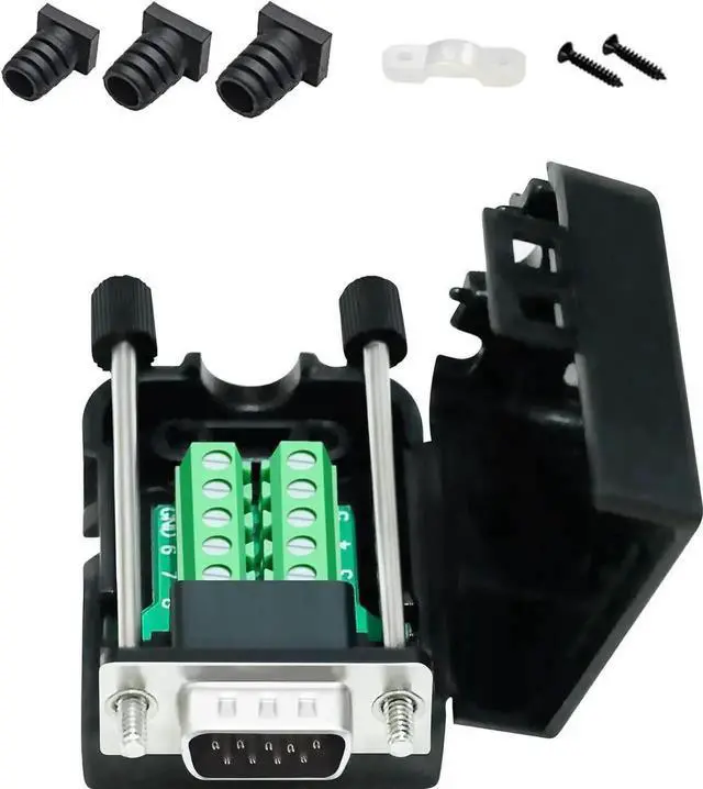 Main image of DTech DB9 Breakout Connector, Male RS232 Serial Adapter, Solderless Module Board with Screw Terminals, Case, Long Bolts, Tail Pipes