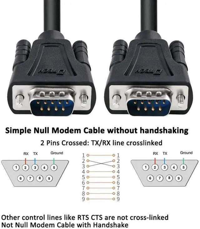 Alt view image 4 of 7 - DTech 5ft DB9 to DB9 RS232 Serial Cable Male to Male Simple Null Modem Cord Cross TX RX line 2 Pin Crossed Without Handshake for Computer Data Communication (5 Feet, Black)