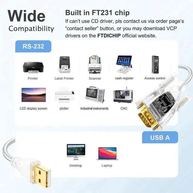 Alt view image 2 of 7 - DTECH USB to Serial Adapter Features FTDI Chip DB9 9 Pin RS232 to USB Cable FT231 Chipset Compatible with Windows 11 10 8 7 XP Mac OS Linux RS-232 Data Lights Detect