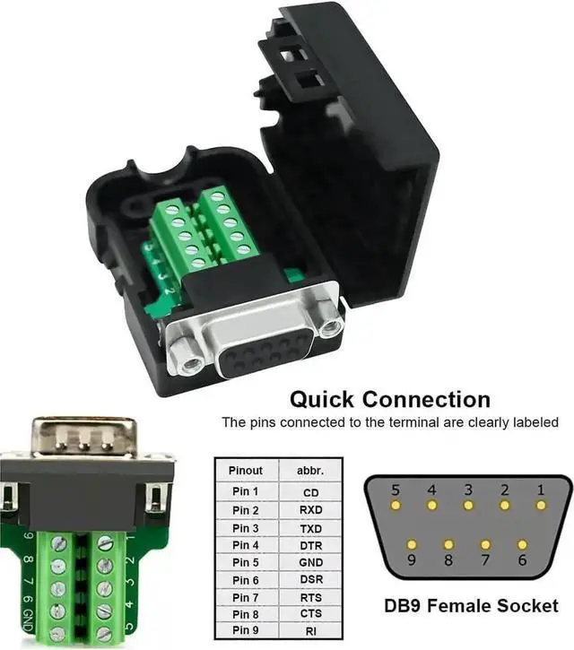 Main image of DTECH DB9 Breakout Connector DB-9 Female RS232 Serial Adapter Solderless Module Board with Terminal Block, Case, Nuts and Tail Pipes (DB9 Female + Nuts)