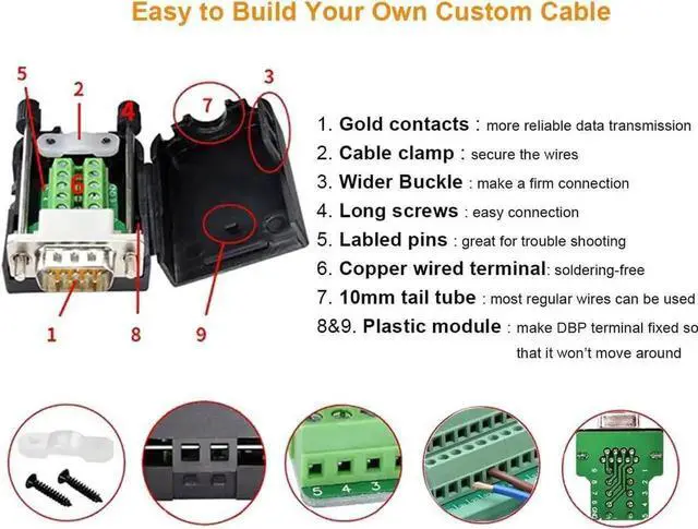 Alt view image 7 of 7 - DTECH DB9 Breakout Connector DB-9 Female RS232 Serial Adapter Solderless Module Board with Terminal Block, Case, Nuts and Tail Pipes (DB9 Female + Nuts)
