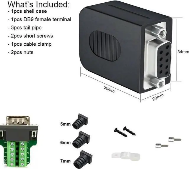 Alt view image 5 of 7 - DTECH DB9 Breakout Connector DB-9 Female RS232 Serial Adapter Solderless Module Board with Terminal Block, Case, Nuts and Tail Pipes (DB9 Female + Nuts)