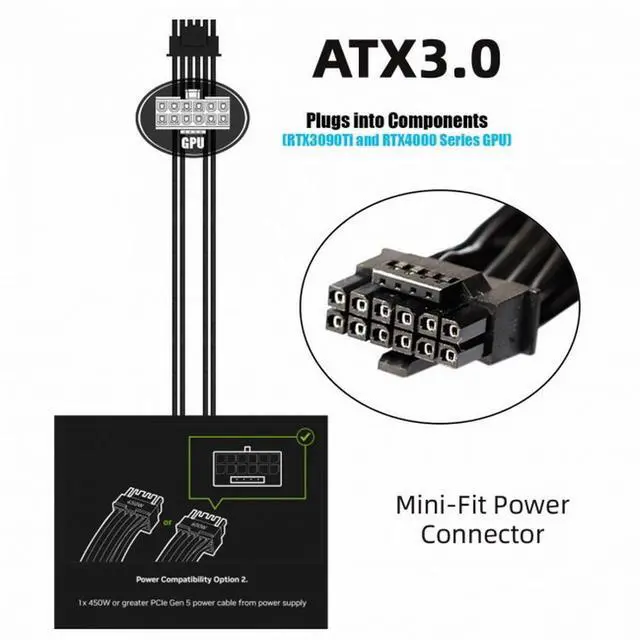 Alt view image 2 of 7 - 12VHPWR ATX3.0 PCI-E 5.0 Power Modular Cable 16Pin to 16Pin for 3080 3090TI PSU 12+4Pin Graphics Card