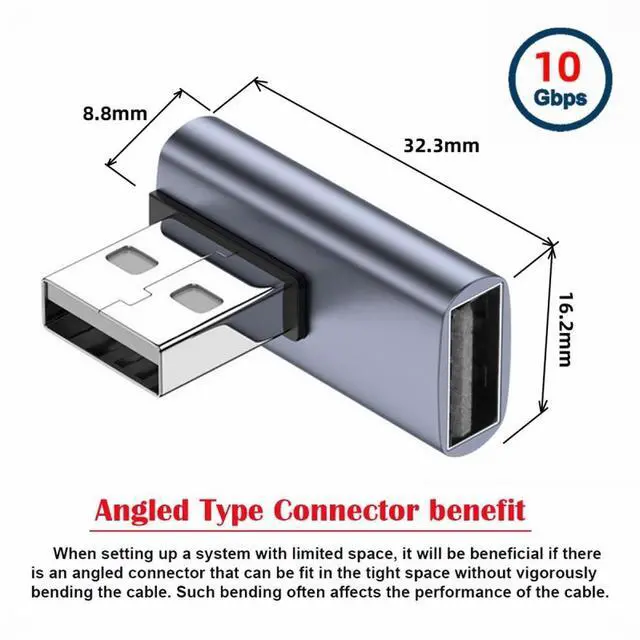 Alt view image 3 of 5 - 10Gbps USB3.0 Male to Female Extension Power Data Video Adapter Low Profile 90 Degree Right Angled Type