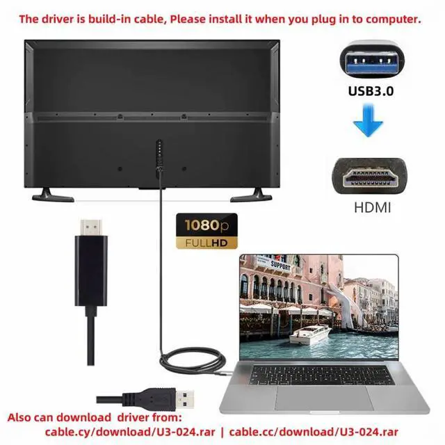 Alt view image 3 of 5 - USB3.0 Male to HDMI Male Cable USB 3.0 Source HDMI Sink Converter For Desktop Laptop PC Adapter 1.8m 1080P Projector Video Monitor Cable