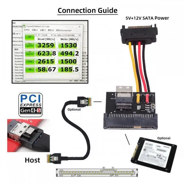 Alt view image 4 of 5 - SFF-8654 Slimline Female Host to U.2 U.3 SFF-8639 NVME PCIe PCI-Express SSD Adapter for Mainboard