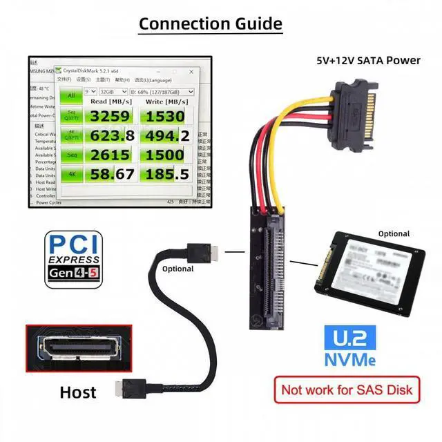 Alt view image 5 of 5 - SFF-8611 Oculink Female SFF-8612 to U.2 U.3 SFF-8639 NVME PCIe PCI-Express SSD Adapter for Mainboard