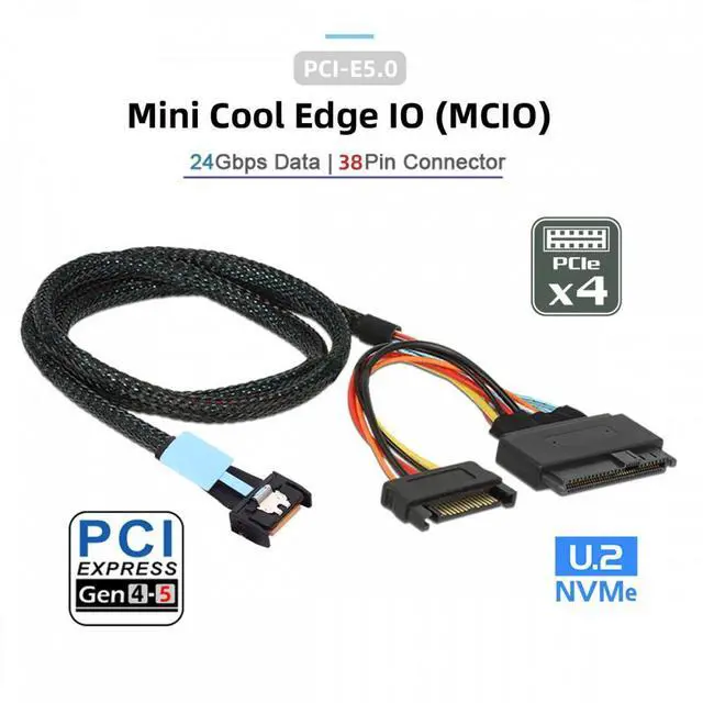 Alt view image 3 of 5 - MCIO 4x Mini Cool Edge IO to U.2 SFF-8639 NVME PCIe PCI-Express Cable for Mainboard SSD