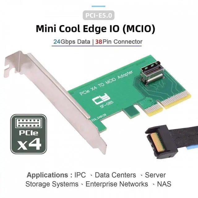 Alt view image 3 of 5 - PCI-Express 5.0 4.0 4X to MCIO Mini Cool Edge IO Female Host Adapter for PCIe Nvme U.2 SSD