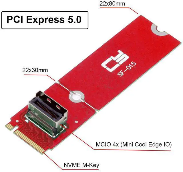 Alt view image 3 of 5 - PCI-E 5.0 4.0 M.2 M-key to MCIO Mini Cool Edge IO Female Host Adapter for PCIe Nvme SSD 2280 2230