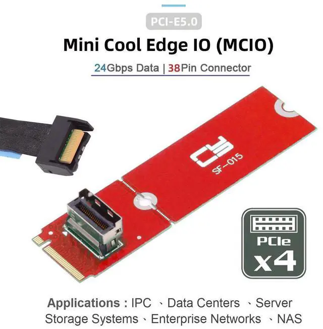 Alt view image 2 of 5 - PCI-E 5.0 4.0 M.2 M-key to MCIO Mini Cool Edge IO Female Host Adapter for PCIe Nvme SSD 2280 2230