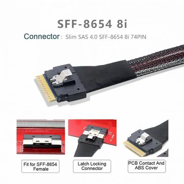 Alt view image 3 of 5 - PCI-E Slimline SAS 4.0 SFF-8654 8i 74pin Host to SFF-8654 74Pin Slim SAS Target Cable 50cm