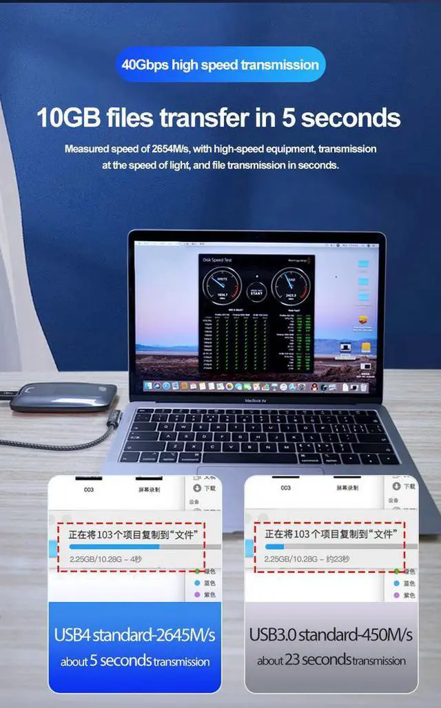 Alt view image 4 of 5 - EMark Smart 40Gbps USB Data Cable Thunderbolt L Size Coaxial for Computer Printer Super Fast Charging Braid Type-C USB Cable 2m