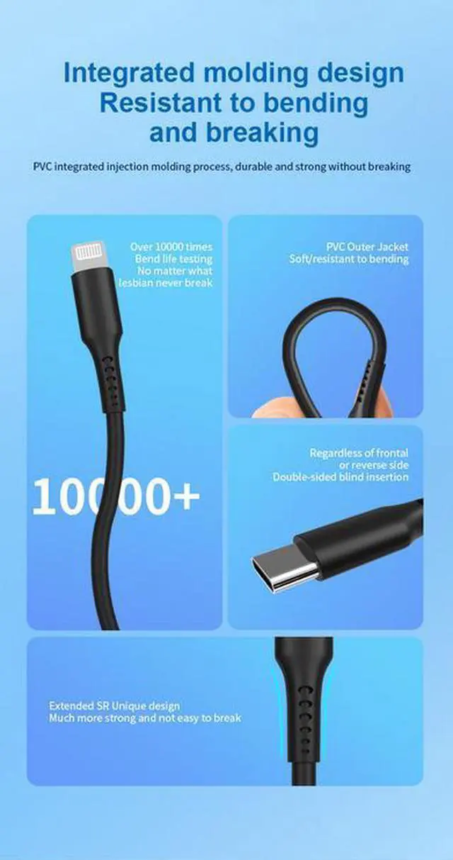 Alt view image 5 of 6 - Long SR Rubber Durable Finish Usb Cord Usb c to L (8 Pin ) Cable for Apple iPhone 14 13 12 11 X Xs Pro, Pro Max,