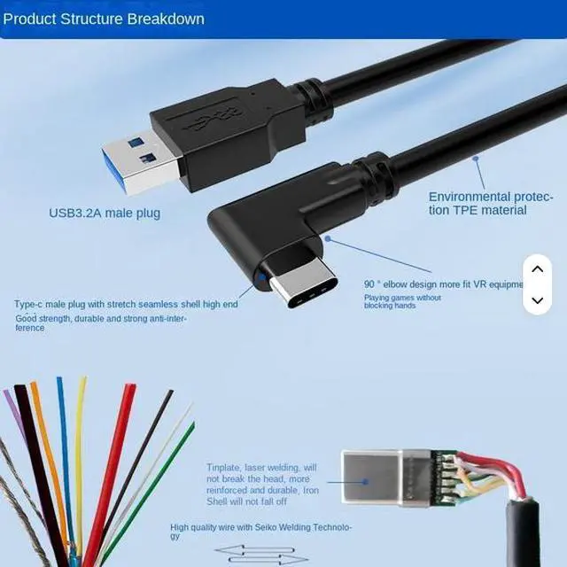 Alt view image 4 of 6 - Quest3 Fast Charging VR Glasses 5m Streaming Line Data USB to Type-C Elbow PVC