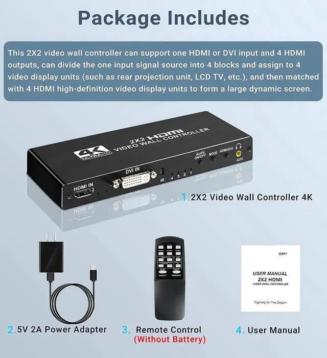 Alt view image 5 of 7 - Video Wall Controller 2X2 Video Wall Processor 2X1 3X1 4X1 1X2 1X3 1X4, 1080p, HDMI 1.4 Multi-Screen Splicing Display Controller with Remote Control for 4 TV Splicing (4-Channel)