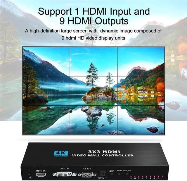 Alt view image 6 of 7 - 4K Video Wall Controller 3x3, 4K@30Hz HDMI Video Wall Processor Supports 1x1,1x2, 1x3, 1x4, 2x1, 2x2, 2x3, 2x4, 3x1, 3x2, 3x3, 4x1, 4x2 - 1 HDMI Input & 9 HDMI Output