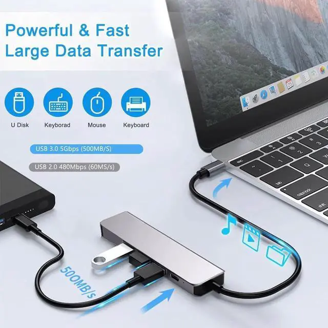 Alt view image 2 of 7 - USB 3.0 Hub 5 in 1, USB Splitter with 1 x HDMI 4k Port, 1 x USB 3.0, 2 x USB 2.0 and 1 x USB C, USB Port Hub USB Extender for MacBook, Laptop, Surface Pro, PS4, PC, Flash Drive, Mobile HDD
