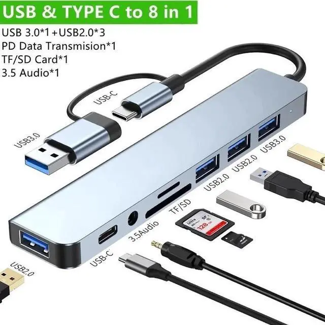 Main image of USB C Hub USB Hub 3.0, Aluminum USB Splitter with 1 x USB 3.0, 3 x USB 2.0 and 1 x USB C, SD/TF Card Reader, 3.5mm Aux Ports for MacBook Pro Air and More PC/Laptop/Tablet Devices