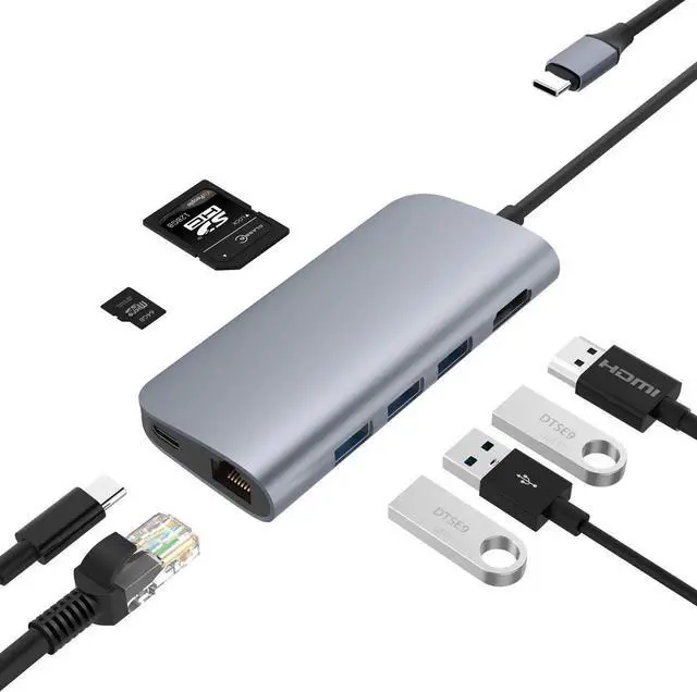 Main image of Basix 8 in1 USB Type C 3.1 HUB forType-C to USB 3.0 / 4K HDMI / RJ45 Ethernet / SD TF Card reader USB Type-C OTG For New Macbook -Gray