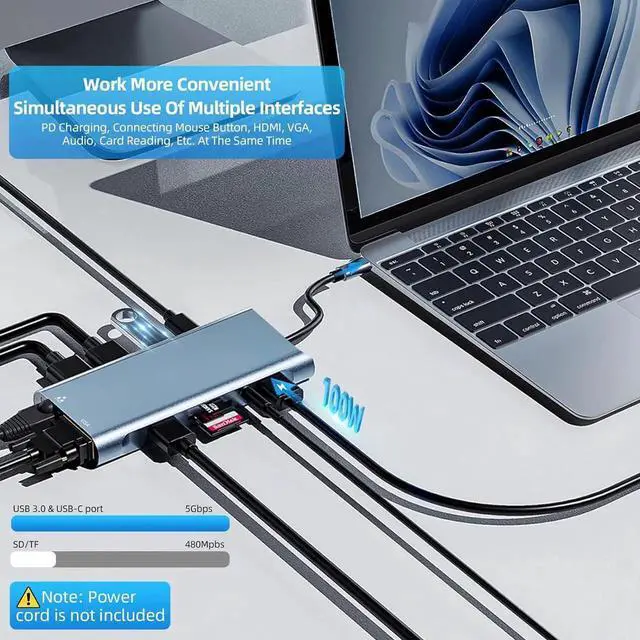 Alt view image 7 of 7 - 11 in 1 USB C Docking Station Hub , USB C to 4K HDMI, VGA, 1000M Ethernet, USB C, 3*USB 3.0 Ports, 100W USB-C PD, 3.5mm Aux Ports,USB Extender Hub for PC Laptop,MacBook Pro Air, Notebook