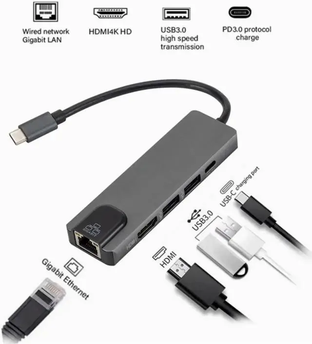 Main image of 5 in 1 USB Type C Hub Hdmi 4K USB C Hub to Gigabit Ethernet Rj45 Lan Adapter for Mac book Pro Thunderbolt 3 USB-C Charger