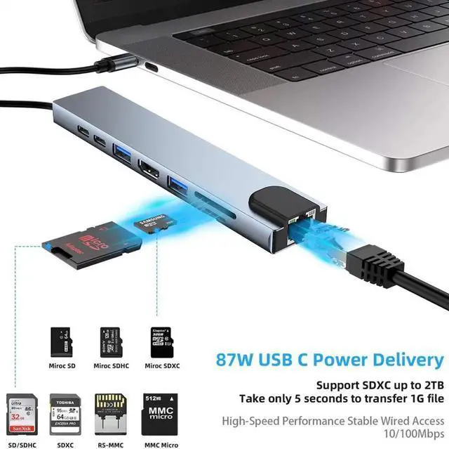 Alt view image 7 of 7 - USB C Hub, 8-in-1 Type C Multiport Hub Adapter with RJ45 Ethernet, 4K HDMI, USB-C PD Charging Port,Type-C Data Port, USB3.0/USB2.0, SD/TF Cards Reader USB C Dock for MacBook/Pro/Air and More