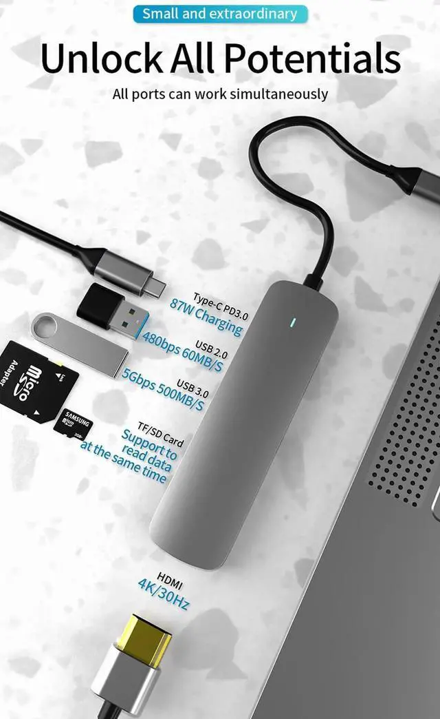 Alt view image 2 of 7 - 6-in-1 USB C Hub Docking Station, Aluminum Type-C Adapter with USB-C PD, 4K HDMI, SD/TF Card Reader, USB 3.0, 87W Power Delivery, Compatible with MacBook Air, MacBook Pro/Air&USB-C Laptop