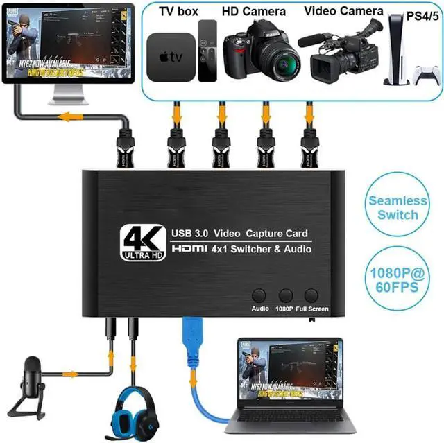 Alt view image 2 of 7 - 4x1 Capture Card 4K 30fps, 4K@30Hz HDMI Video Game Capture Card Seamless Switch with Mic & Audio, HDMI Loop-Out, Audio out Record Broadcast Live Streaming for Nintendo/PS4/PS5/Xbox One