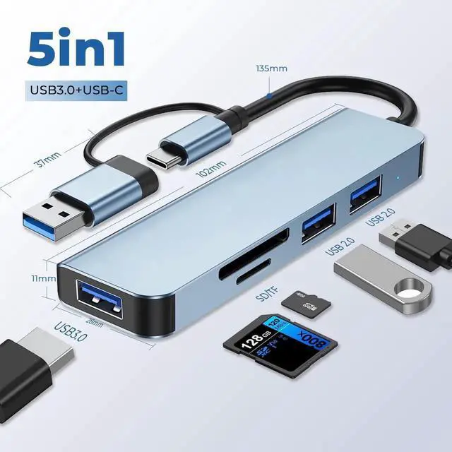 Alt view image 2 of 7 - USB Hub 5 Ports, Multiple USB 3.0 Hub, USB A&USB-C Splitter for Laptop with TF/SD Card Reader, USB Extender for Laptop, Windows, Linux, Acer PC and More