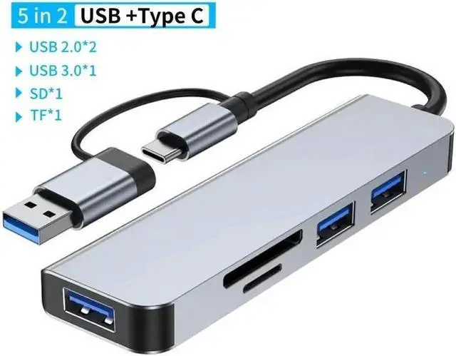 Main image of USB Splitter HUB, 5 in 1 Multiport USB C Adapter with 1 USB 3.0,2 USB 2.0, TF/SD Card Reader Compatible for MacBook, Surface Pro/Go, Pad Pro/Air, Laptop and More USB A & Type C Devices