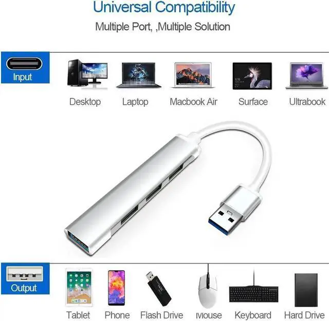 Alt view image 7 of 7 - USB3.0 Hub, Aluminum USB3.0 Adapter with 4 USB 3.0 Ports, for Laptop, PC, Computer, Mobile HDD, Flash Drive and More-Silver