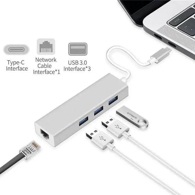 Alt view image 5 of 7 - USB C to Ethernet Adapter with 3 USB 3.0, RJ45 to USB C Thunderbolt 3/Type-C Gigabit Ethernet LAN Network Adapter, for MacBook Pro 16'' 2019/2018/2017, MacBook Air, Dell XPS and More - Gray
