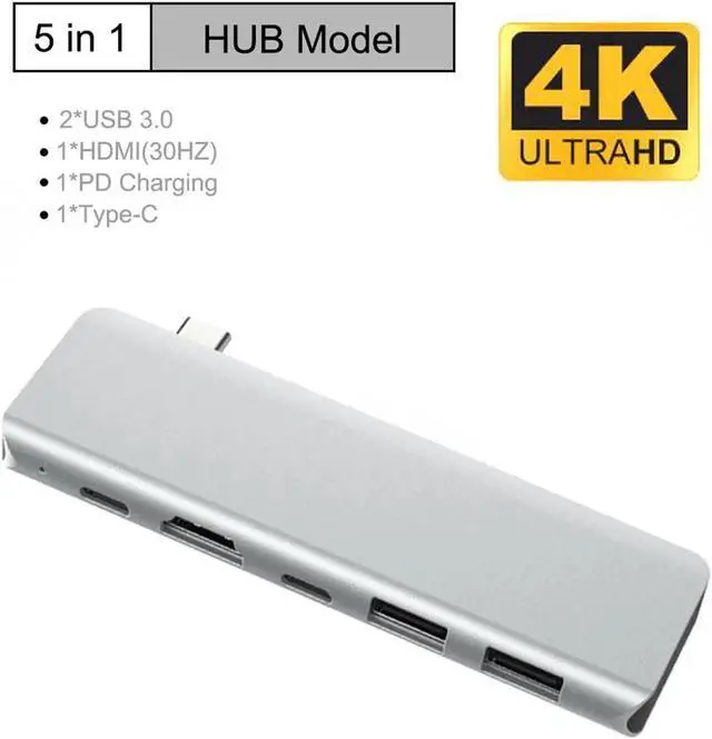 Main image of USB C Hub, 5 in 1 Type-C Hub with 4K HDMI, Power Delivery, 2 USB 3.0 Ports, USB C Thunderbolt 3 Compatible for 2016 / 2017 / 2018 MacBook Pro, 2018 MacBook Air, ChromeBook, XPS and More