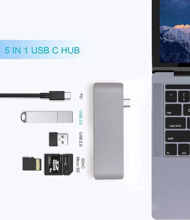 Alt view image 3 of 7 - USB Type C Hub Adapter, 5 in 1 Multi-Port USB 3.0 Type-C Adapter with 2 USB 3.0 Port, SD/Micro Card Reader and USB-C Charging Port, Type-C USB for MacBook Pro and More - Aluminum(Gray)