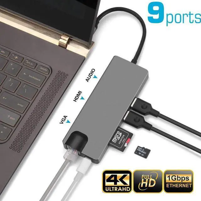 Main image of USB C Hub 9-in-1 Type C Adapter with 4K USB C to HDMI, 2 USB 3.0 Ports, 60W PD 3.0, Gigabit Ethernet, SD and Micro SD Card Reader, VGA Port, Audio Port for MacBook Pro 2019/2018/2017, XPS