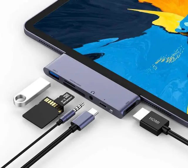 Main image of USB C Adapter, 6-in-1 Type-C Hub Dongle with 4K HDMI, SD/TF Card Reader, USB 3.0, USB-C PD Charging Compatible for iPad Pro 11/12.9 2018 2020, iPad Air 4, MacBook Pro