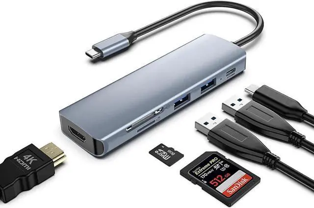Main image of USB C Hub/Adapter, 6 in 1 with 4K HDMI Output, USB 3.0, USB 2.0, SD/TF Card Reader, 100W PD, USB C Dongle for MacBook Pro/Air, XPS More Type C Devices