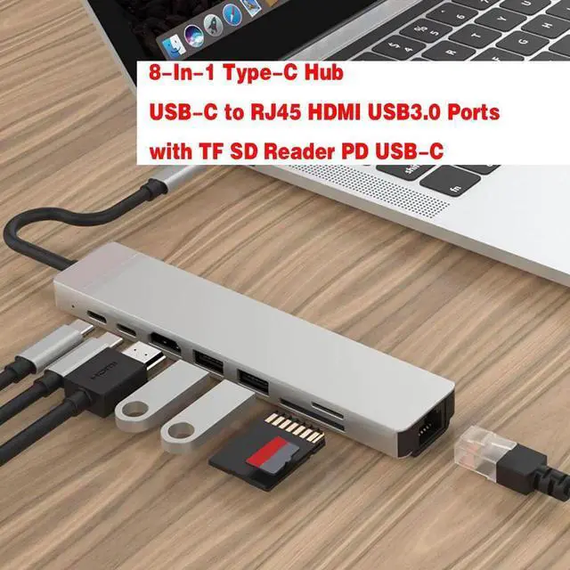 Main image of 8-in-1 Type C Hub Adapter with RJ45 Port, 2 USB 3.0 Port,4K HDMI,SD/TF Card Port,87W PD, Type-C Port Compatible for MacBook/Pro/Air 2016/2017/2018 and More USB C Devices