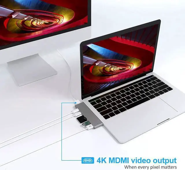Alt view image 5 of 7 - USB C Hub Adapter,Dual Type C Docking with 4K HDMI,Thunderbolt 3(40Gbps) 100W Power Delivery,microSD/SD TF Card Reader, 2 x USB 3.0 Ports Hub Compatible MacBook Pro 2018/2017/2016- Silver