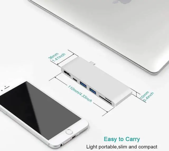 Alt view image 6 of 7 - USB C Hub Adapter for MacBook, MacBook Pro 2017/2016, Ultra Slim Type C Hub with 4K HDMI, USB-C Power Delivery Port, 2xUSB 3.0, SD/Micro Card Reader (Silver)