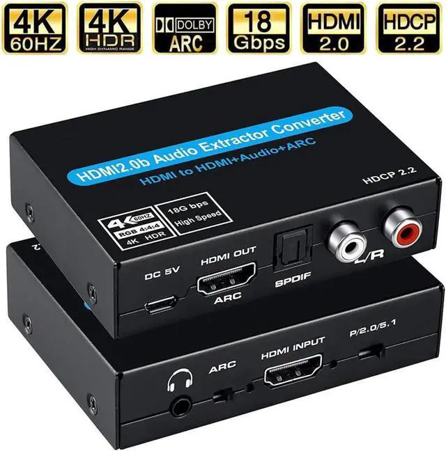 Main image of 4K@60Hz HDMI Audio Extractor Converter, HDMI to HDMI + Audio ( SPDIF + RCA L/R Stereo ) + 3.5mm Audio Jack, HDMI Audio Splitter Extractor for Fire Stick, Xbox, PS5, Support 3D, HDCP 2.2