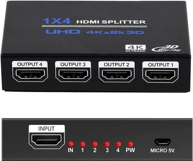 Main image of 1x4 HDMI Splitter, 1 in 4 Out HDMI Splitter Audio Video Distributor Box Support 3D & 4K x 2K Compatible for HDTV, STB, DVD, PS3, Projector Etc