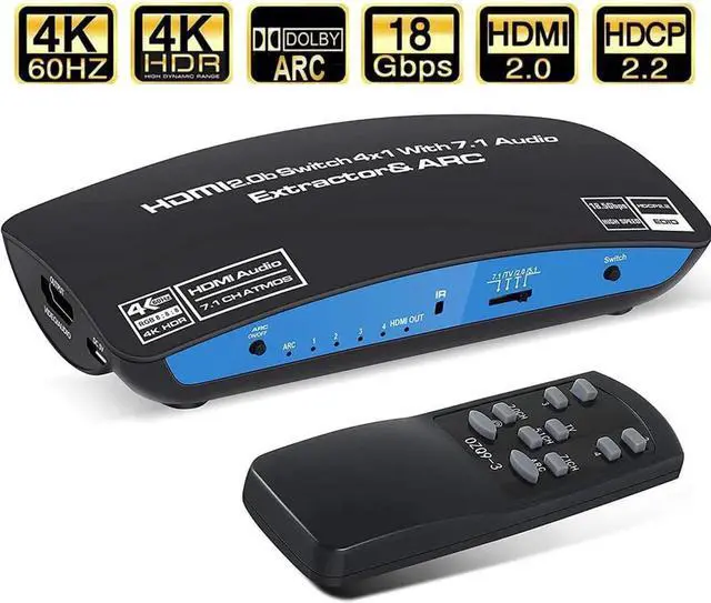 Main image of 4K@60Hz HDMI Switch 4x1 with 7.1CH atmos Audio Extractor, 4 Port HDMI2.0b Switch Box with HDMI Atmos 7.1CH/ Toslink SPDIF/3.5mm Audio Out, HDMI Selector Switch with Remote, OZQ9-1