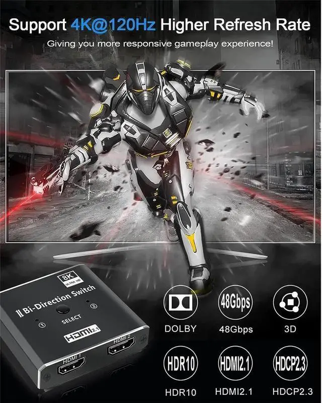 Alt view image 6 of 7 - HDMI 2.1 Switch, 8K HDMI Switcher Bi-Directional Splitter 2 in 1 Out/1 in 2 Out, Supports 4K@120Hz,8K@60Hz, 48Gbps Aluminum Ultra HD HDMI Hub Compatible with PS5/4,Xbox,TV,Fire Stick