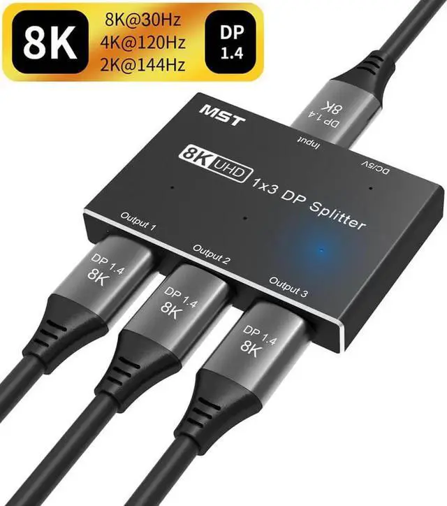 Main image of DisplayPort Splitter 1 in 3 Out 8K@30Hz 4K@144Hz DP 1.4 Triple Splitter MST SST Hub Adapter 1*3 Port for 3 Ultra HD Display Port