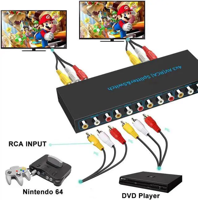 Alt view image 4 of 7 - 4 Way AV RCA Switch, 4 in 3 Out Composite Video L/R Audio Switcher Selector Box Video Audio Switch Converter for DVD Player, SNES, N64, PS2/3 Game Consoles